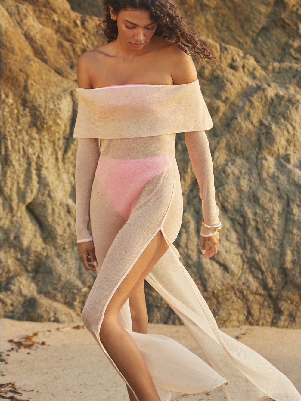 NWT Anthropologie Off-Shoulder Sheer Maxi Coverup in Gold